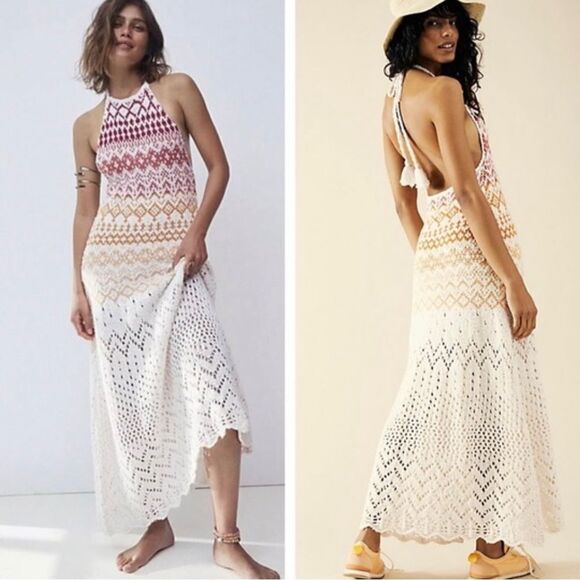 Free People Ikat Oasis Maxi Dress Halter Crochet 
Knit buckles size M NWOT - Picture 1 of 13
